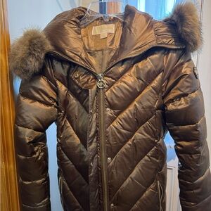 Michael Kors Chocolate Brown Quilted Puffer Coat with Faux Fur Trim